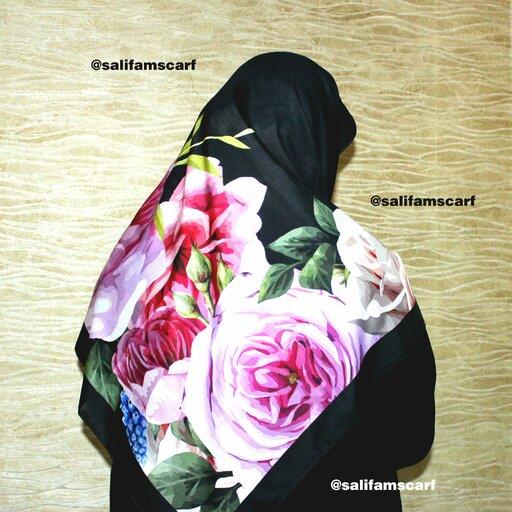 افر ویژه روز دختر  روسری فام  طرح حاشیه  گلدار  رنگ زمینه مشکی روسری رسمی و شیکجنس نخی  چهارفصل  ابعاد 130
